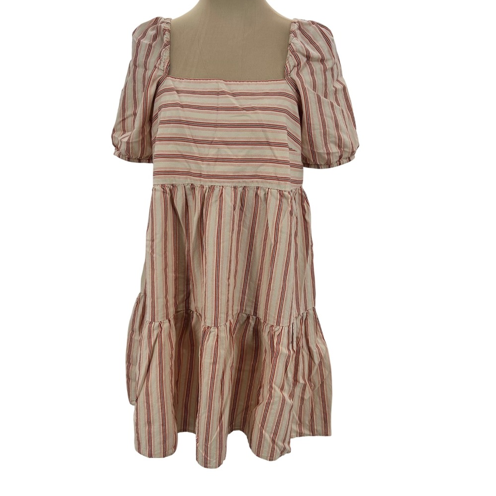 LOFT Women Red Striped Puff Sleeve Tiered Babydoll Mini Dress Size‎ 4
